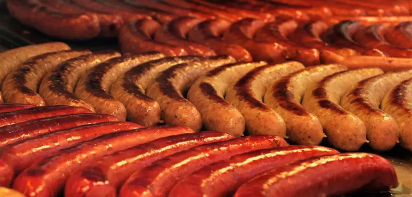 Rows of bratwurst.