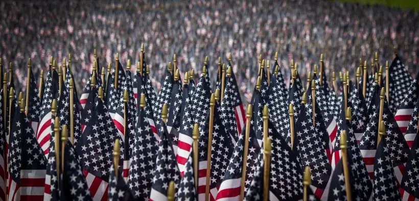 Field covered by American flags.