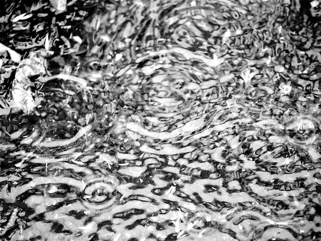 A black-and-white photograph of raindrops hitting a puddle.