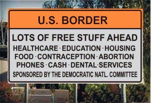 Doctored image purporting to show sign at the U.S.-Mexico border that reads, in part: "Lots of free stuff ahead."