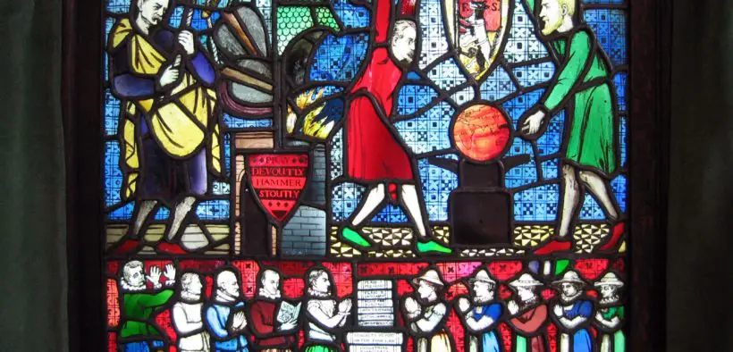 Designed by George Bernard Shaw and created by Caroline Townshend in 1910 as a commemoration of the Fabian Society. It shows Shaw with Sidney Webb and ER Pease, among others, helping to build a new world: 'Remould it nearer to the heart's desire'. Currently housed in the Shaw Library at the London School of Economics (founded by Sidney and Beatrice Webb and Shaw).