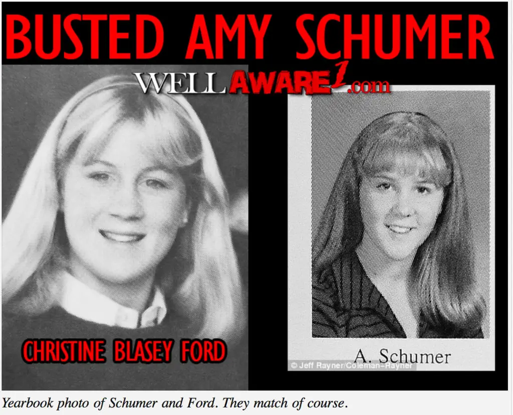 Conspiracy meme about Amy Schumer and Christine Blasey Ford being the same person