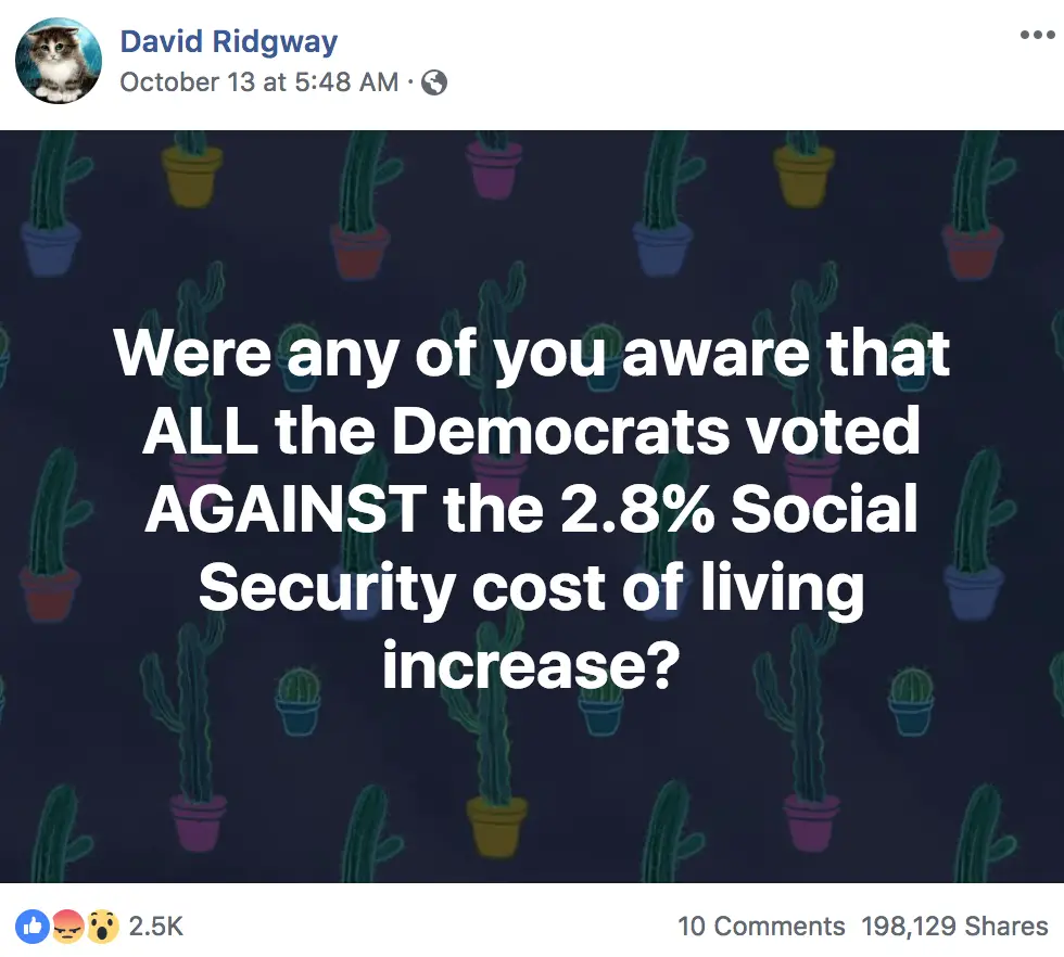 Meme that claims, falsely: "Were any of you aware that ALL the Democrats voted AGAINST the 2.8% Social Security cost of living increase?"