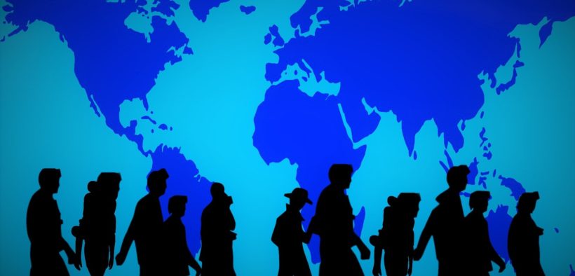 Map of the world with silhouettes of people seeking refuge superimposed over it.