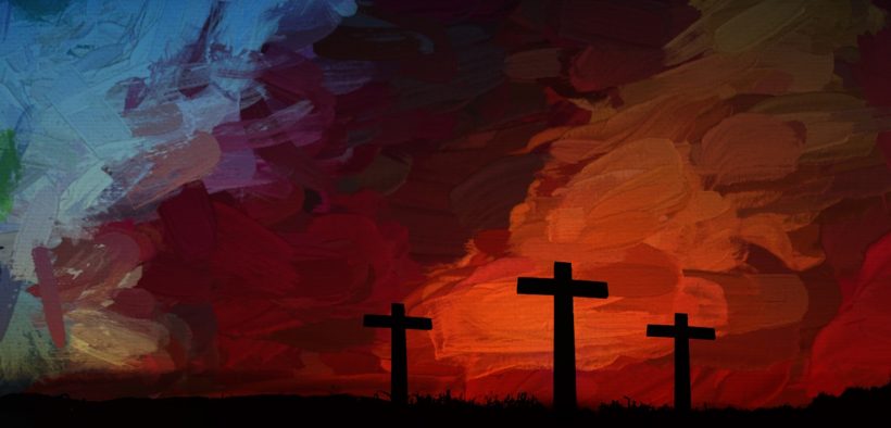 Painting of three crosses against a vibrant red background.