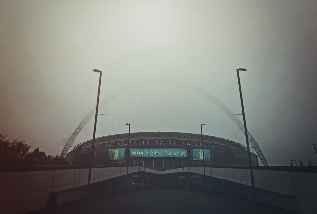 Exterior shot of Wembley Stadium.