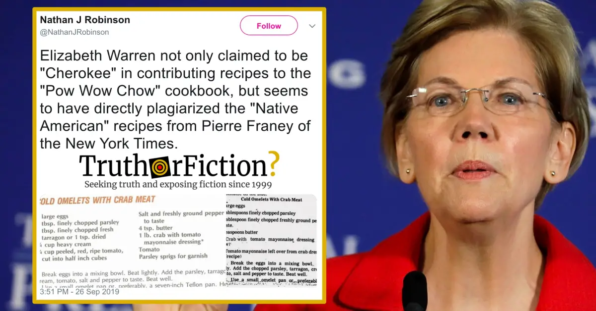 Elizabeth Warren Accused of Claiming to be Cherokee and Plagiarizing Recipes in ‘Pow Wow Chow’