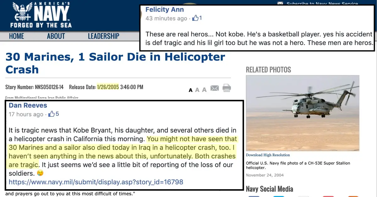 ’30 Marines, 1 Sailor Die in Helicopter Crash on Same Day as Kobe Bryant’ Meme