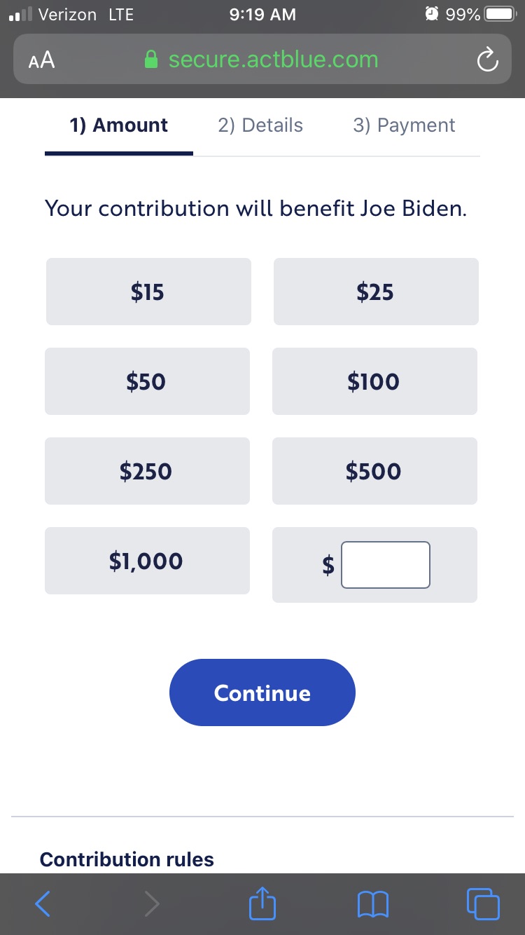 berniesander.com joe biden donation