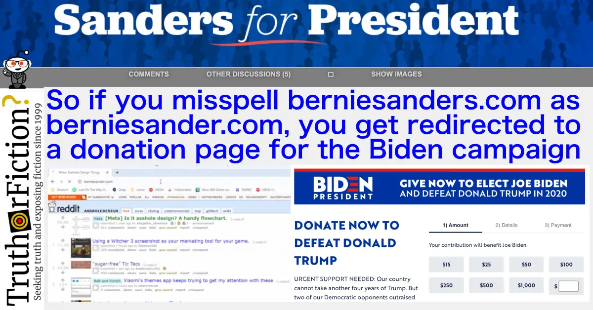 If You Misspell BernieSanders.com as BernieSander.com, Do You Get Redirected to a Donation Page for the Biden Campaign?