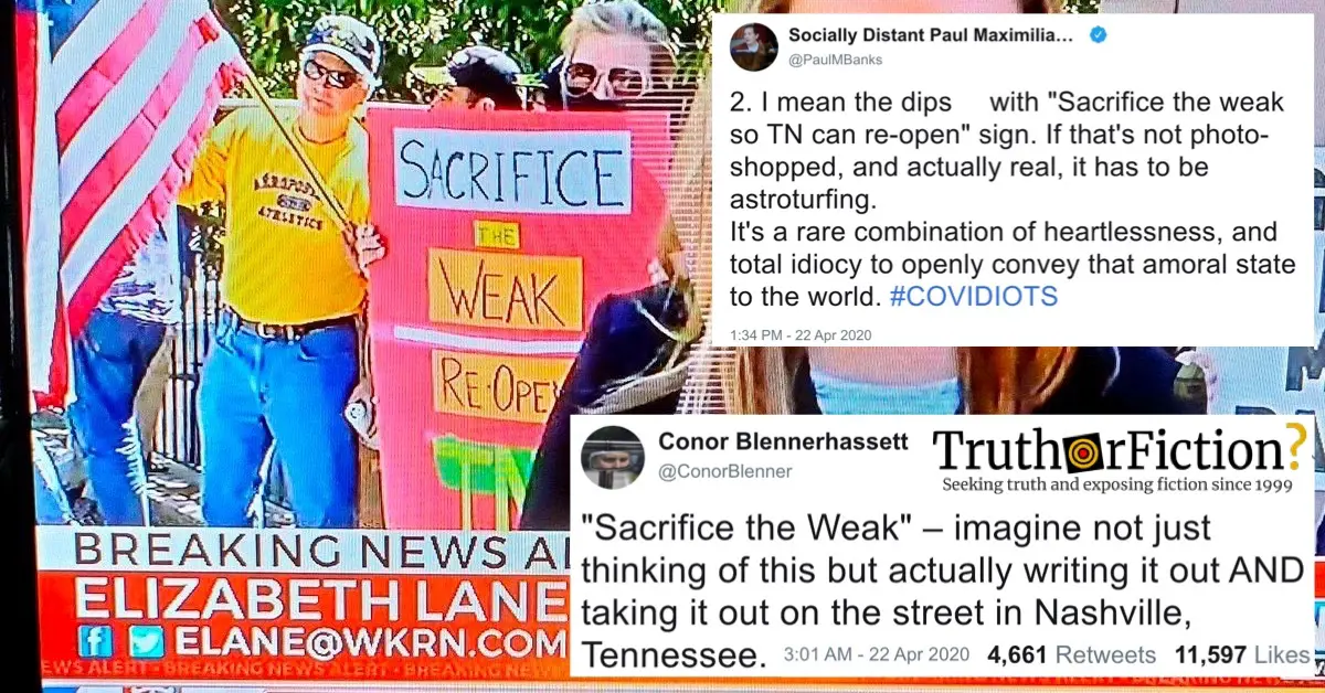 COVID-19 ‘Sacrifice the Weak’ Reopen Tennessee Protest Sign