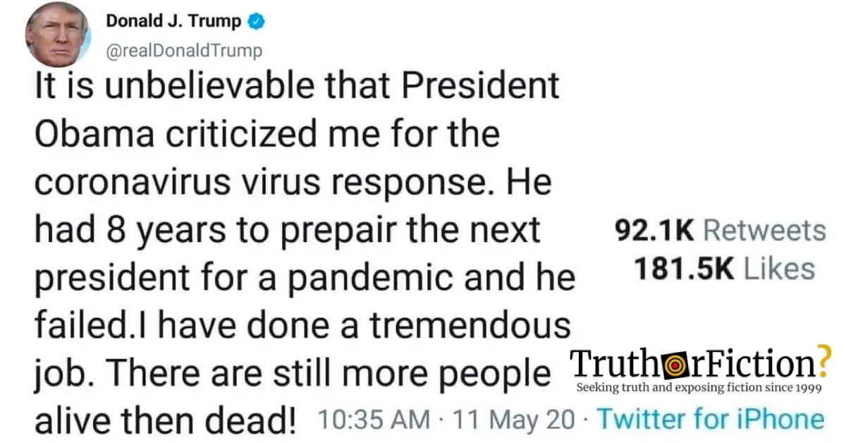 Did U.S. President Donald Trump Tweet That Obama Didn’t ‘Prepair’ for the Coronavirus Pandemic?