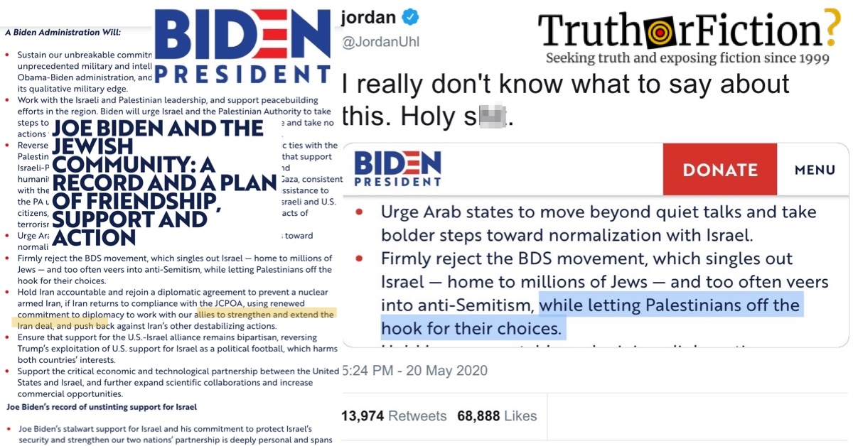 Did Joe Biden’s Website Mention ‘Letting Palestinians Off the Hook for Their Choices’?