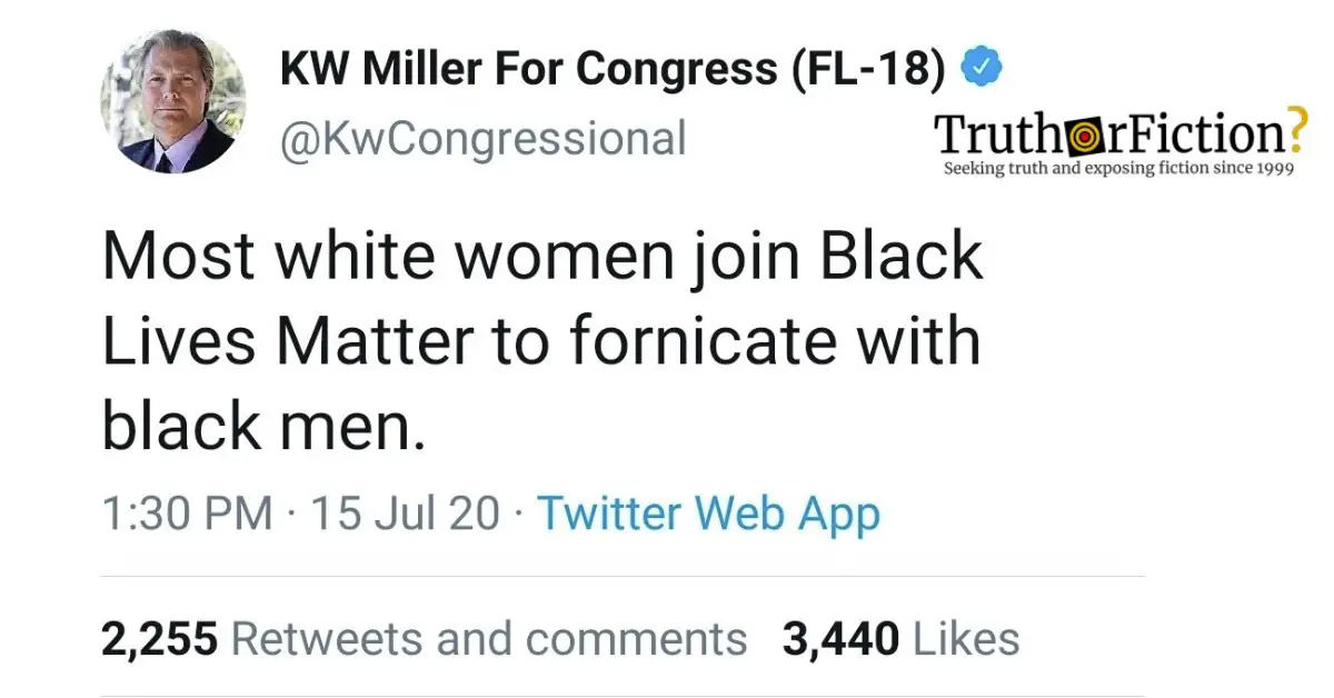 Did a Florida Congressional Candidate Tweet That White Women Join Black Lives Matter ‘to Fornicate With Black Men’?