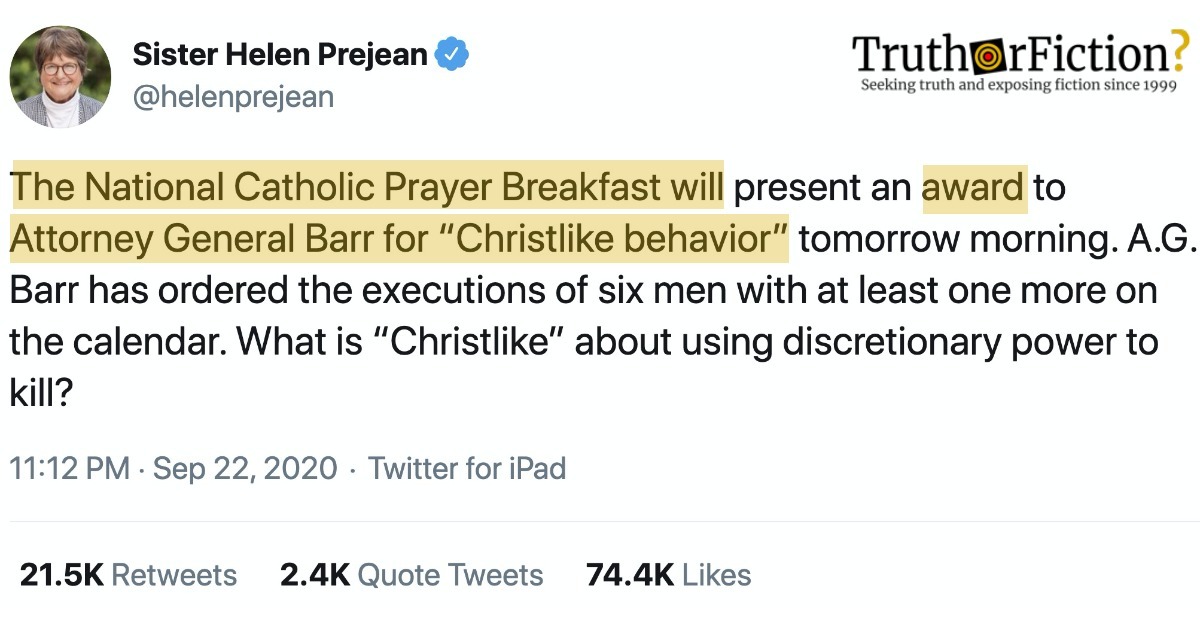 Did the National Catholic Prayer Breakfast Recognize Bill Barr for ‘Christlike Behavior’?