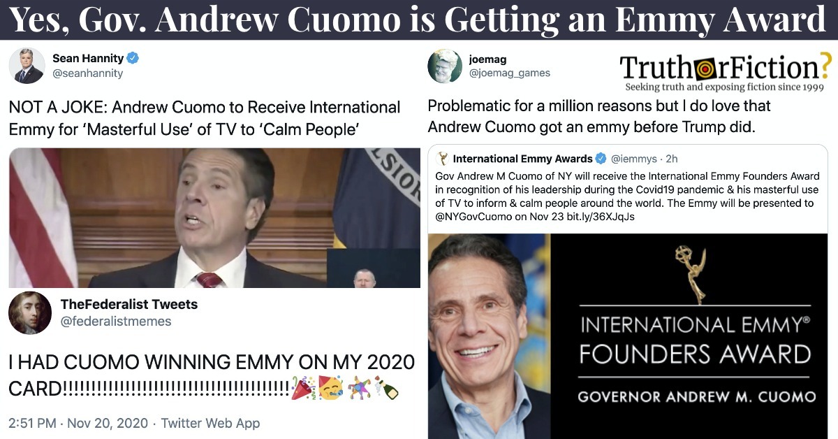 Gov. Andrew Cuomo to Win Emmy for Use of Television to ‘Inform and Calm People Around the World’