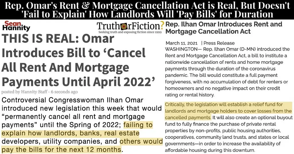 Did Congresswoman Ilhan Omar Propose a ‘Rent and Mortgage Cancellation Act,’ But While ‘Failing to Explain How Landlords, Banks’ Would Pay Bills?