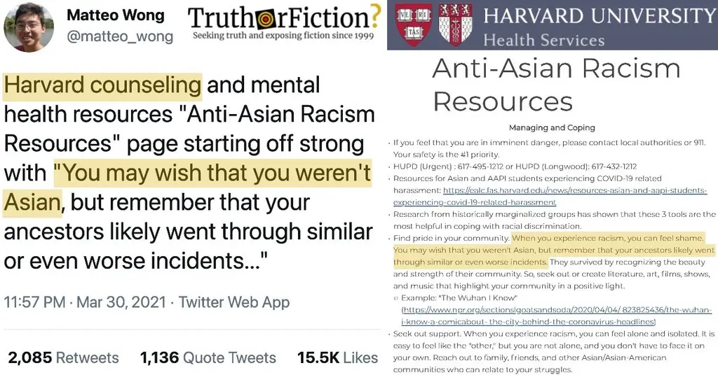 Harvard’s ‘Anti-Asian Racism Resources’: ‘You May Wish That You Weren’t Asian’