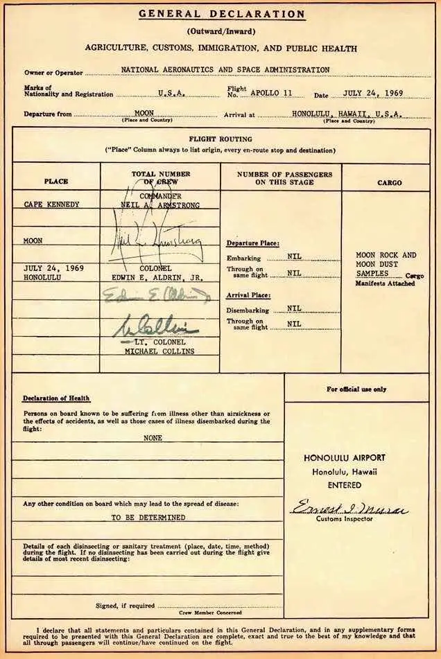 apollo 11 customs form complete july 1969