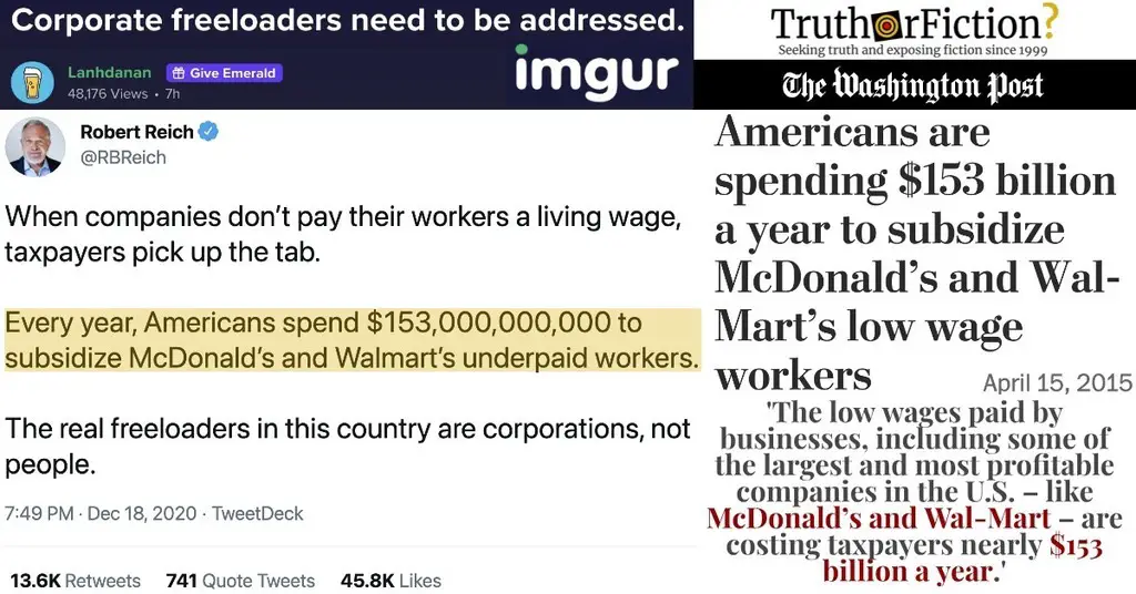 ‘Every Year, Americans Spend $153,000,000,000 to Subsidize McDonald’s and Walmart’s Underpaid Workers’
