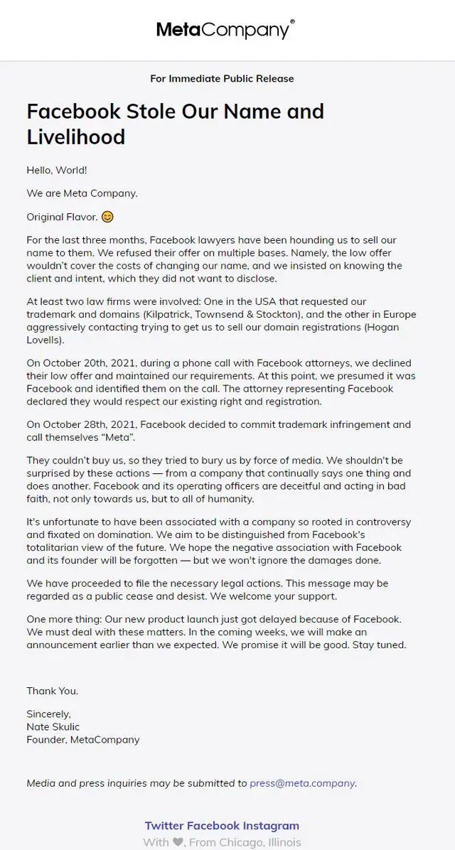 meta facebook stole our name and livelihood letter