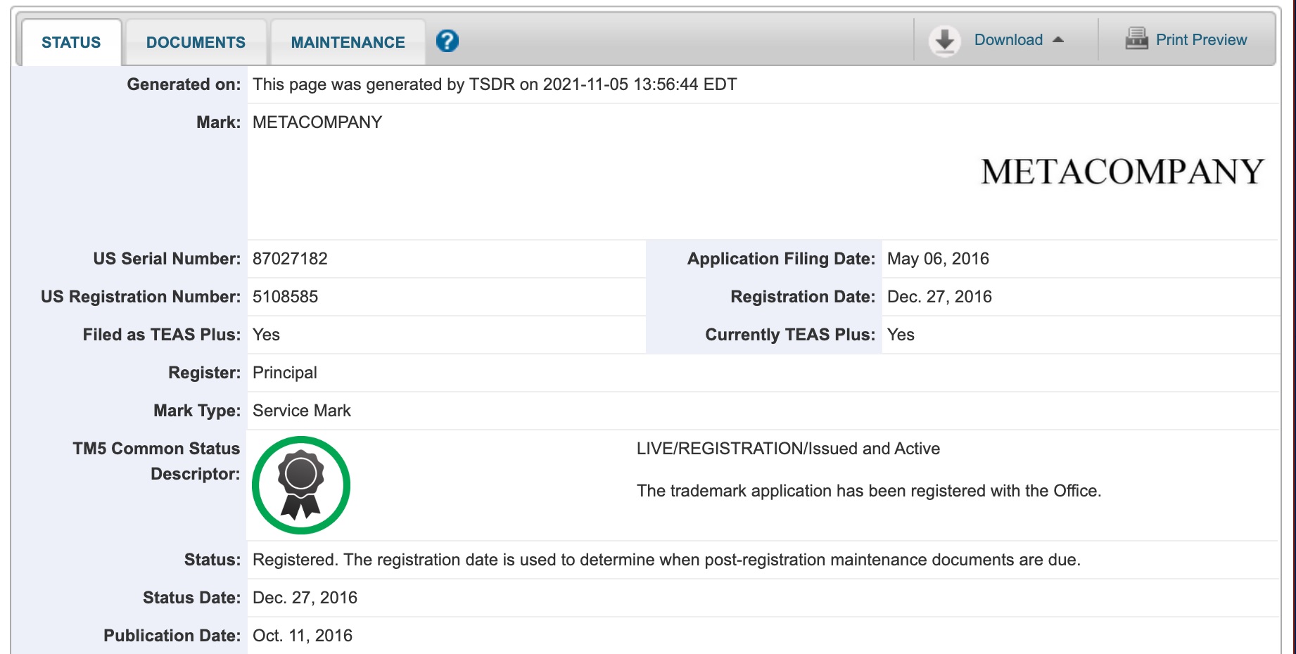 metacompany uspto