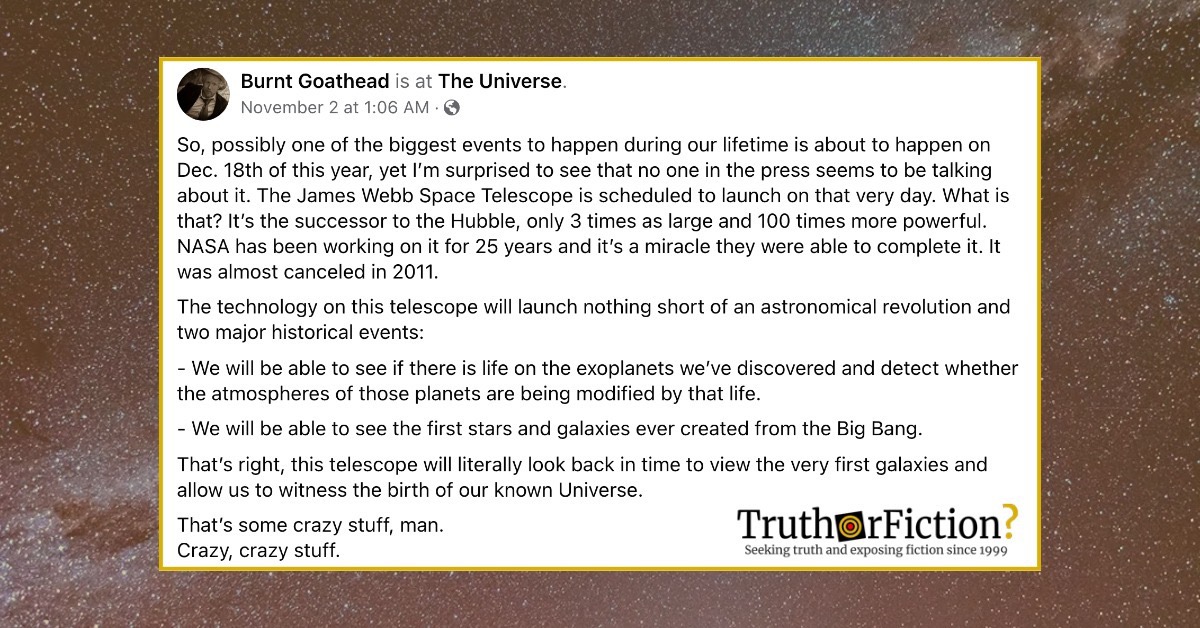 James Webb Space Telescope, December 18th Facebook Post