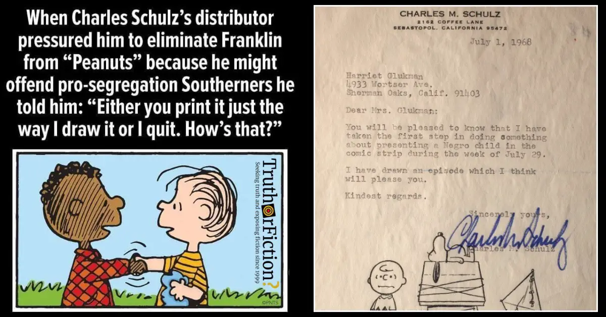 Charles Schulz on Peanuts' Franklin: 'Print It Just the Way I Draw It or I  Quit' - Truth or Fiction?