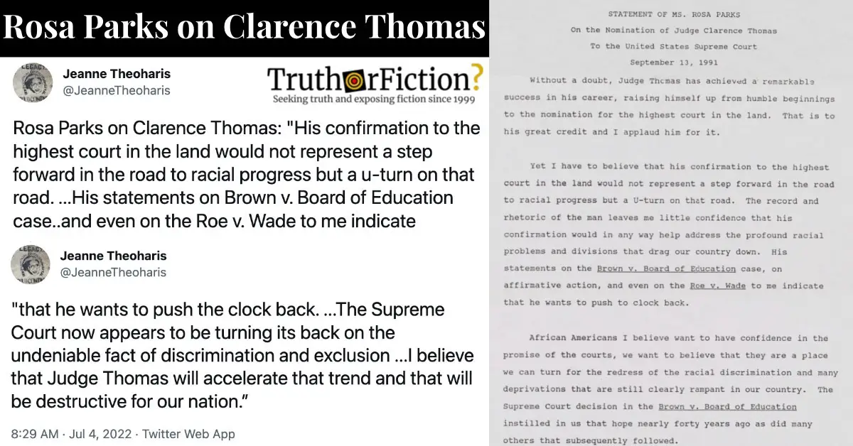 Rosa Parks on Clarence Thomas: ‘His Confirmation to the Highest Court in the Land …'”