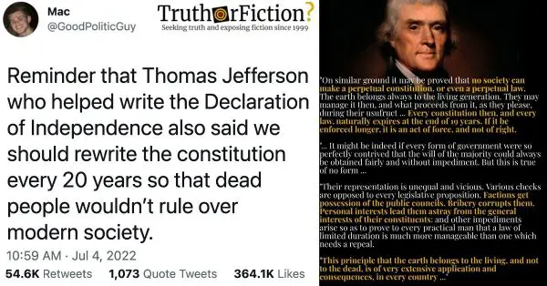 Did Thomas Jefferson Say We Should Rewrite The Constitution Archives Truth Or Fiction