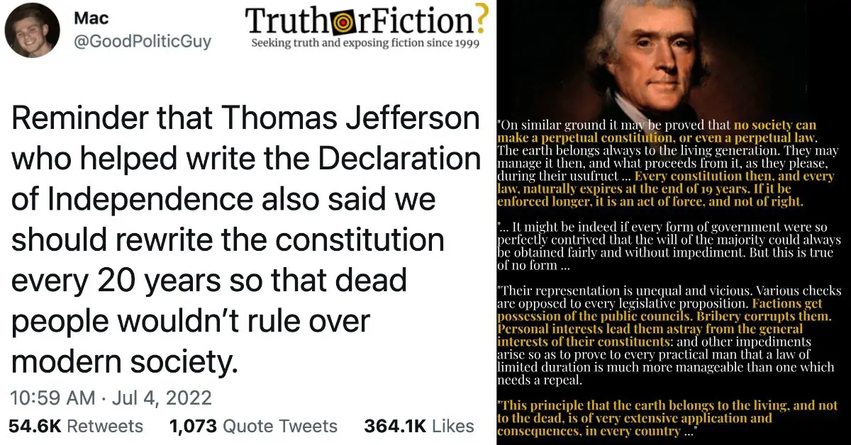 Did Thomas Jefferson Say Americans Should Rewrite the Constitution to Account for Modern Society?