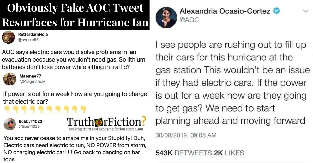 Fake AOC ‘Electric Cars’ Tweet Resurfaced in Hurricane Ian Discourse