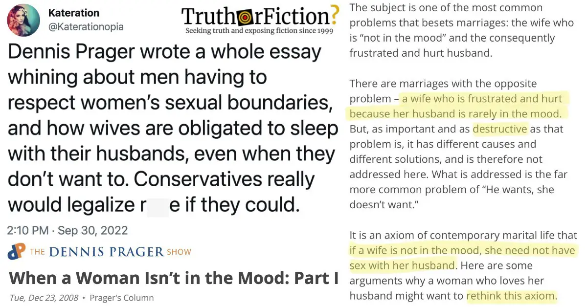 Dennis Prager Wrote a Whole Essay Whining About Men Having to Respect  Women's Sexual Boundaries' - Truth or Fiction?