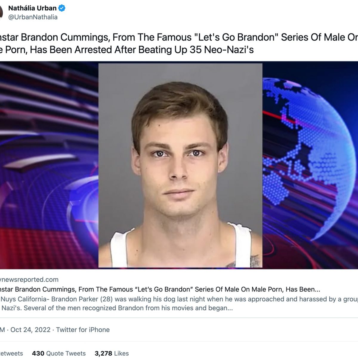 Arrest Brandon Cummings Porn - Pornstar Brandon Cummings ... Arrested After Beating Up 35 Neo-Nazi's' -  Truth or Fiction?
