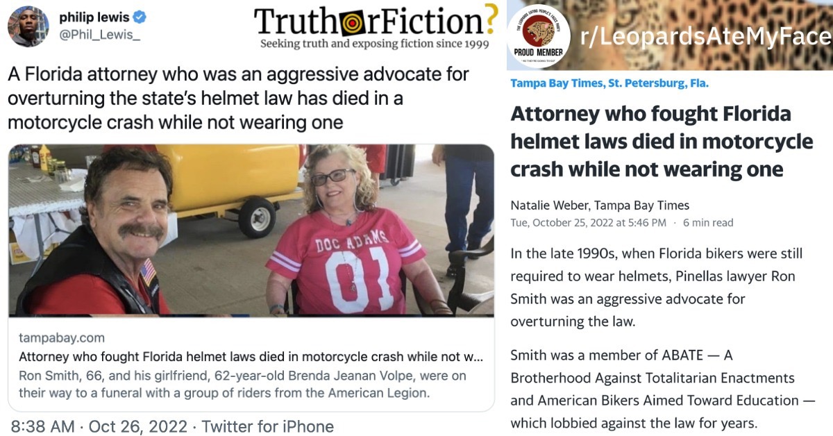 A Florida Attorney Opposed to Helmet Laws Died in a Motorcycle Crash