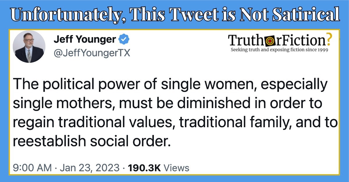 Jeff Younger: ‘The Political Power of Single Women, Especially Single Mothers, Must Be Diminished’ Tweet