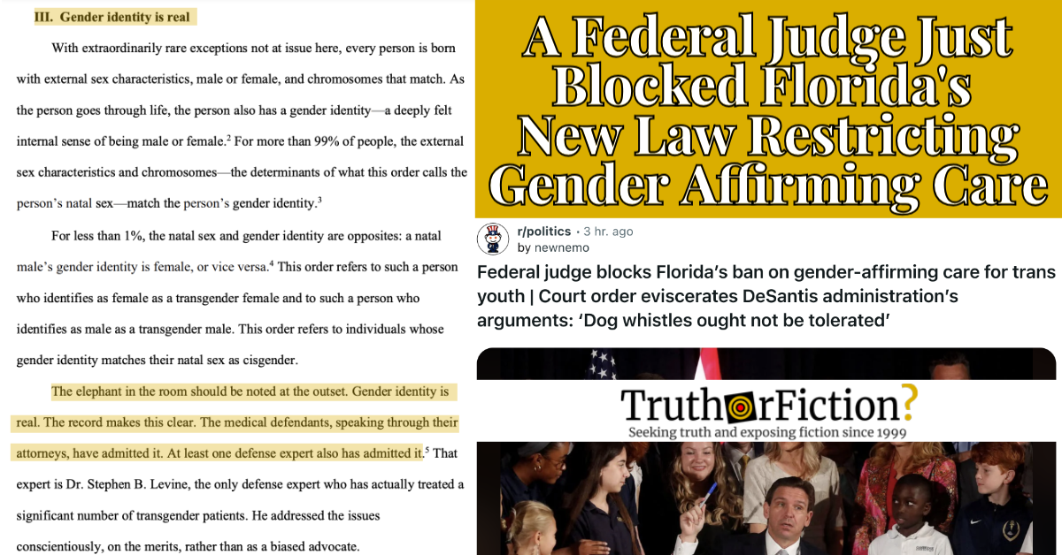 Florida Judge Hinkle Grants Gender-Affirming Care Injunction: ‘Gender Identity is Real’